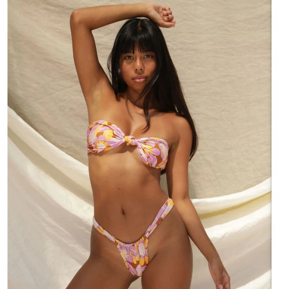 1Fox Stone Swim LeLe Bikini Top, Bandeau, Retro Bloom, Pink/Orange, size Medium - Picture 3 of 15